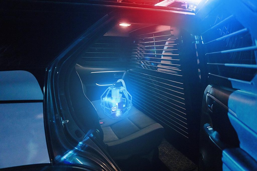 Inside the police car, the interior of the car. stock photo